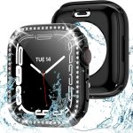 2 in 1 Bling Waterproof Case for Apple Watch Series 8 7 41mm, 360 Protective PC Cover Front & Back Bumper with Tempered Glass Screen Protector, Crystal Diamond iWatch Cases for Women, 41mm Silver